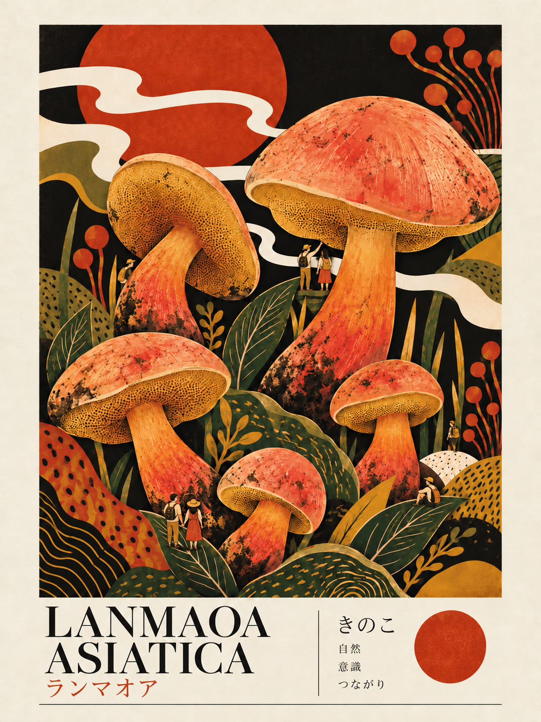 Lanmaoa asiatica mushroom poster with miniature hikers
