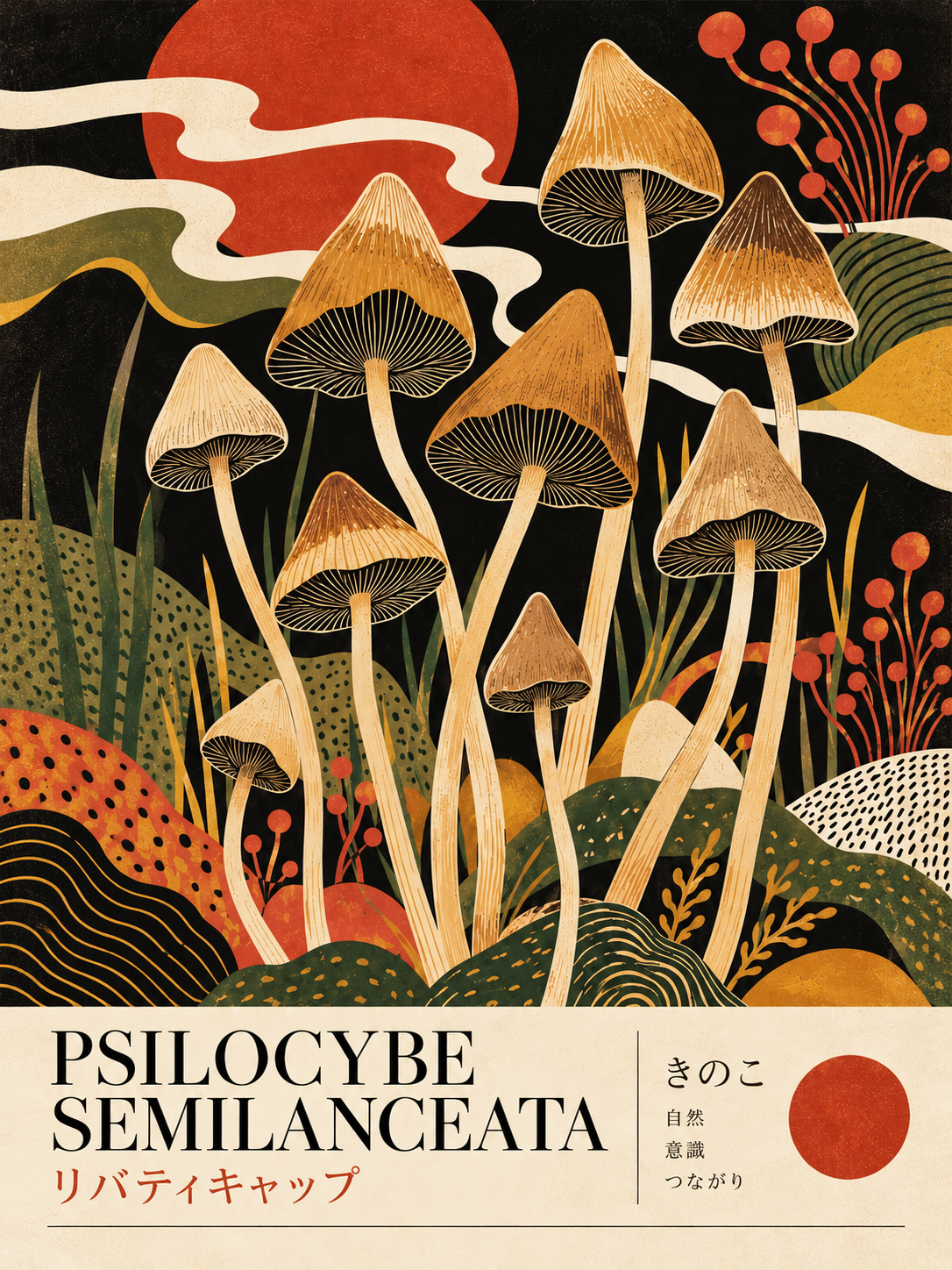Liberty Cap botanical poster in cream, ochre, olive and red